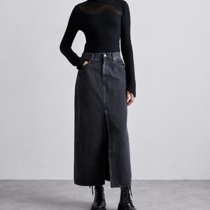 Agolde x Revolve The Leif Denim Maxi Skirt Front Split Spider Black Washed Sz 31